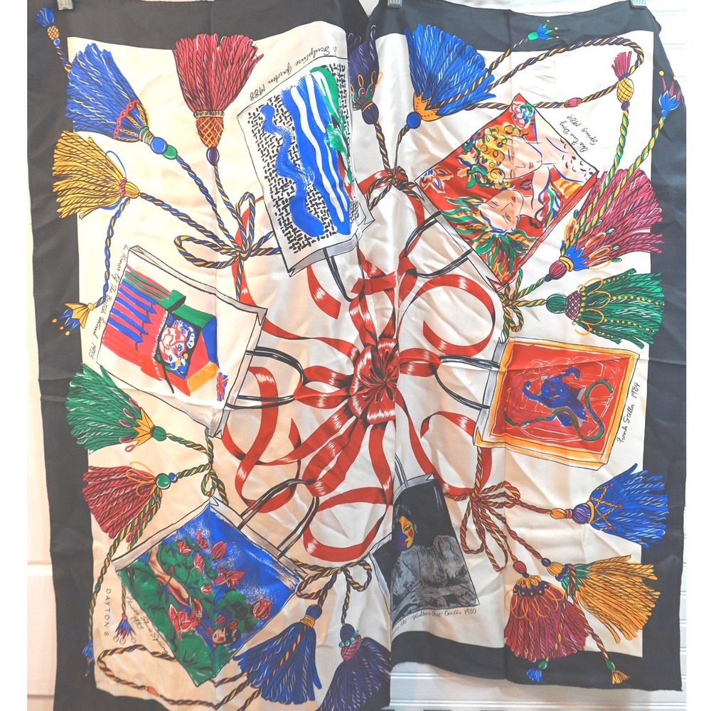 Vintage Dayton's Scarf Square‎ Silk 80s Artwork Tassel Shopping Bag Images